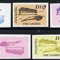 Gambia 1987 Musical Instruments 1d (Balaphong & Fiddle) set of 5 imperf progressive colour proofs comprising blue & magenta individual colours, two 2-colour composites (blue & magenta and black & yellow) plus all 4 colours (ex one……Details Below