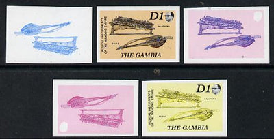Gambia 1987 Musical Instruments 1d (Balaphong & Fiddle) set of 5 imperf progressive colour proofs comprising blue & magenta individual colours, two 2-colour composites (blue & magenta and black & yellow) plus all 4 colours (ex one……Details Below