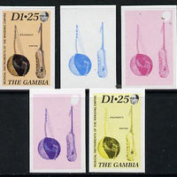 Gambia 1987 Musical Instruments 1d25 (Bolongbato & Konting) set of 5 imperf progressive colour proofs comprising blue & magenta individual colours, two 2-colour composites (blue & magenta and black & yellow) plus all 4 colours (ex……Details Below