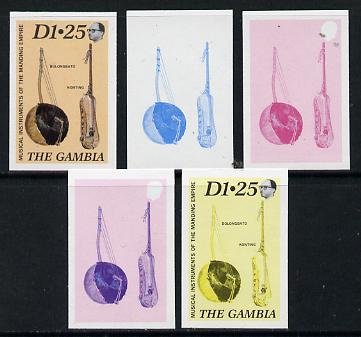 Gambia 1987 Musical Instruments 1d25 (Bolongbato & Konting) set of 5 imperf progressive colour proofs comprising blue & magenta individual colours, two 2-colour composites (blue & magenta and black & yellow) plus all 4 colours (ex……Details Below