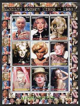 Afghanistan 2000 Marilyn Monroe #1 perf sheetlet containing set of 9 values unmounted mint