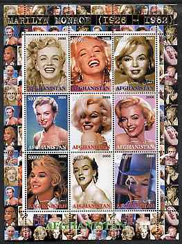 Afghanistan 2000 Marilyn Monroe #2 perf sheetlet containing set of 9 values unmounted mint