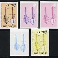 Gambia 1987 Musical Instruments 10d (Koras) set of 5 imperf progressive colour proofs comprising blue & magenta individual colours, two 2-colour composites (blue & magenta and black & yellow) plus all 4 colours (ex one of the two ……Details Below