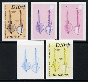 Gambia 1987 Musical Instruments 10d (Koras) set of 5 imperf progressive colour proofs comprising blue & magenta individual colours, two 2-colour composites (blue & magenta and black & yellow) plus all 4 colours (ex one of the two ……Details Below