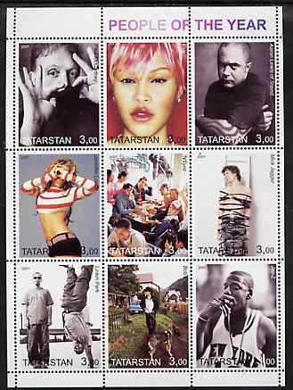 Tatarstan Republic 2001 People of the Year #1 perf sheetlet containing set of 9 values unmounted mint (Dylan, McCartney, J Lopez, M Jagger, etc)