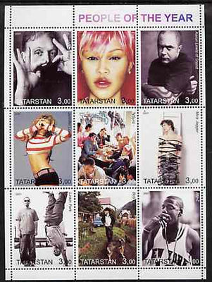 Tatarstan Republic 2001 People of the Year #1 perf sheetlet containing set of 9 values unmounted mint (Dylan, McCartney, J Lopez, M Jagger, etc)