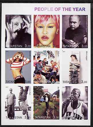 Tatarstan Republic 2001 People of the Year #1 imperf sheetlet containing set of 9 values unmounted mint (Dylan, McCartney, J Lopez, M Jagger, etc)