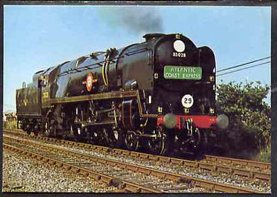 Postcard by Dennis - full colour showing SR Bulleid Pacific 4-6-2 No. 35028 'Clan Line', mint & very fine