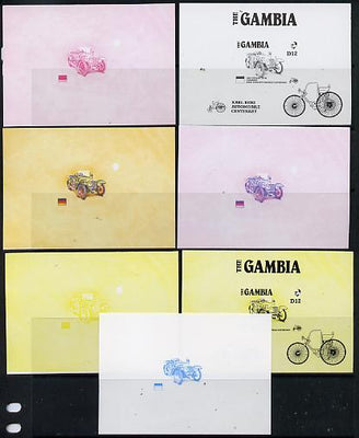 Gambia 1987 Ameripex (Benz Motor Car Centenary) m/sheet (1924 Steiger 10/50) in set of 7 imperf progressive colour proofs comprising the 4 individual colours, two 2-colour & 3-colour composites, Ex Format archive imperf proof shee……Details Below