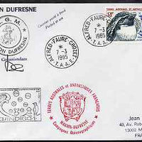 French Southern & Antarctic Territories 1985 cover bearing Rockhopper Penguin stamp (SG 186) with Alfred Faure Crozet cancel, various cachets incl Posted at Sea, Compagnie Generale Maritime & Marion Dufresne and signed by the Captain