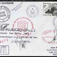 French Southern & Antarctic Territories 1982 cover bearing Sheathbill stamp (SG 162) with Alfred Faure Crozet cancel, cachets incl Posted at Sea, Compagnie Generale Maritime & Marion Dufresne, signed by the Captain, the Postmaster……Details Below
