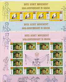 Ghana 1967 Scout Anniversary the set of 3 in sheetlets of 12 each with vert perforations slightly staggered, fairly minor but unusual and most interesting (minor wrinkle & grease spot on one value) unmounted mint