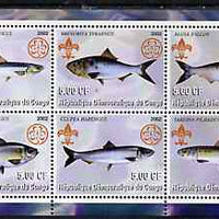 Congo 2002 Fish #2 perf sheetlet containing set of 6 values, each with Scouts & Guides Logos unmounted mint