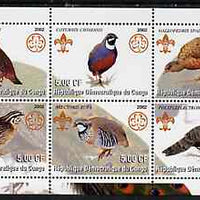 Congo 2002 Game Birds perf sheetlet containing set of 6 values, each with Scouts & Guides Logos unmounted mint