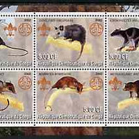 Congo 2002 Opossums perf sheetlet containing set of 6 values, each with Scouts & Guides Logos unmounted mint