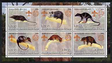 Congo 2002 Opossums perf sheetlet containing set of 6 values, each with Scouts & Guides Logos unmounted mint