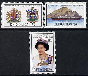 Antigua - Redonda 1985 Royal Visit set of 3 (The Queen, Royal Arms & HMY Britannia) unmounted mint