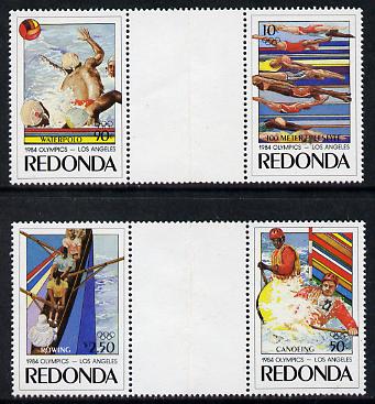 Antigua - Redonda 1984 Olympic Games (Canoeing, Rowing, Water Polo & Swimming) set of 4 in 2 se-tenant gutter pairs (folded through gutters but rare being from the Format archive sheet) unmounted mint