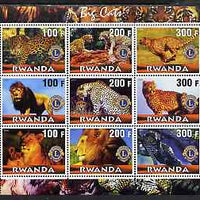 Rwanda 2001 Big Cats perf sheetlet containing 9 values each with Lions International Logo, unmounted mint
