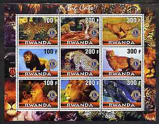 Rwanda 2001 Big Cats perf sheetlet containing 9 values each with Lions International Logo, unmounted mint