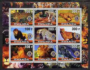 Rwanda 2001 Big Cats perf sheetlet containing 9 values each with Lions International Logo, unmounted mint