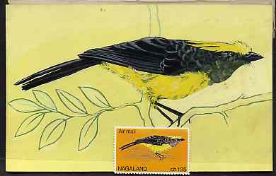 Nagaland 1969 Sultan Tit - original hand-painted artwork as used for 1.25ch (except branch outline has been changed) on board 180 mm x 110 mm complete with issued stamp