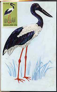 Nagaland 1969 Black-necked Stork - original hand-painted artwork as used for 25c on board 110 mm x 180 mm complete with issued stamp