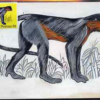 Nagaland 1969 Monkey (Capped Langur) - original hand-painted artwork as used for 2c (except grass outline has been changed) on board 180 mm x 110 mm complete with issued stamp