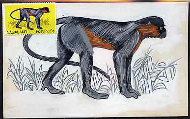Nagaland 1969 Monkey (Capped Langur) - original hand-painted artwork as used for 2c (except grass outline has been changed) on board 180 mm x 110 mm complete with issued stamp