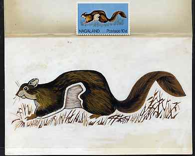 Nagaland 1969 Flying Squirrel - original hand-painted artwork as used for 10c (except grass outline has been changed) on board 180 mm x 110 mm complete with issued stamp