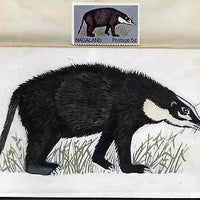 Nagaland 1969 Hog Badger - original hand-painted artwork as used for 5c (except grass outline has been changed) on board 180 mm x 110 mm complete with issued stamp