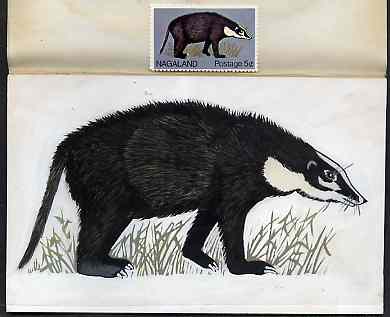Nagaland 1969 Hog Badger - original hand-painted artwork as used for 5c (except grass outline has been changed) on board 180 mm x 110 mm complete with issued stamp