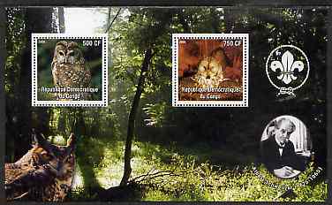 Congo 2004 Owls perf sheetlet containing 2 values with Scout Logo & Albert Schweitzer in background, unmounted mint