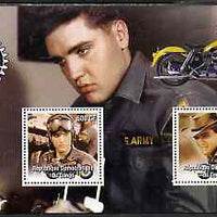 Congo 2004 Elvis Presley perf sheetlet containing 2 values with Rotary Logo & Motorbike in background, unmounted mint