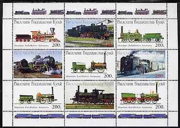 Mountain Badakhshan Autonomy 1997 ? Steam Locos perf sheetlet containing 9 values unmounted mint