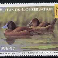 Cinderella - Australian Nature Conservation Agency 1996-97 Wetlands Conservation $15 stamp showing Blue-Billed Duck (value tablet in yellow) unmounted mint