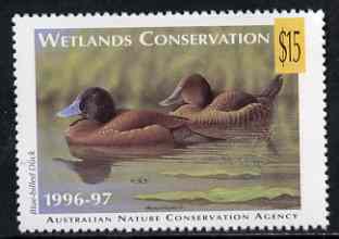 Cinderella - Australian Nature Conservation Agency 1996-97 Wetlands Conservation $15 stamp showing Blue-Billed Duck (value tablet in yellow) unmounted mint