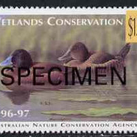 Cinderella - Australian Nature Conservation Agency 1996-97 Wetlands Conservation $15 stamp showing Blue-Billed Duck (value tablet in yellow) opt'd SPECIMEN unmounted mint*