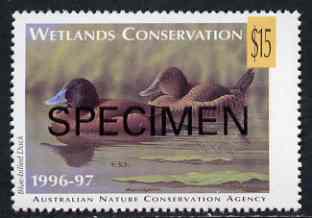 Cinderella - Australian Nature Conservation Agency 1996-97 Wetlands Conservation $15 stamp showing Blue-Billed Duck (value tablet in yellow) opt'd SPECIMEN unmounted mint*