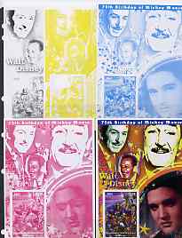 Congo 2001 75th Birthday of Mickey Mouse s/sheet #02 showing Alice in Wonderland with Elvis & Walt Disney in background, the set of 5 imperf progressive proofs comprising the 4 individual colours plus all 4-colour composite (as is……Details Below