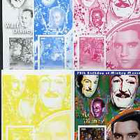 Congo 2001 75th Birthday of Mickey Mouse s/sheet #08 showing Alice in Wonderland with Elvis & Walt Disney in background, the set of 5 imperf progressive proofs comprising the 4 individual colours plus all 4-colour composite (as is……Details Below