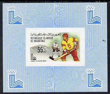 Mauritania 1980 Winter Olympics (Ice Hockey) imperf sheetlet containing 55f value unmounted mint as SG 638