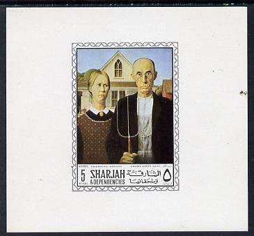 Sharjah 1968 American Artists imperf sheetlet containing 5R value (Grant Wood Gent) unmounted mint as Mi 455