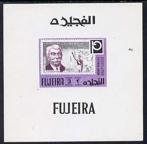 Fujeira 1972 Philympia Stamp Exhibition imperf sheetlet containing 3R value showing Coubertin on Olympic stamp of France as Mi 1460