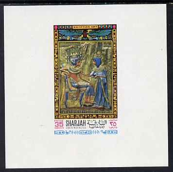 Sharjah 1968 Egyptology imperf sheetlet containing 35 Dh value (Tutankhamun) as Mi 458 unmounted mint