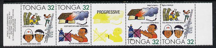 Tonga 1991 Accident Prevention 32s se-tenant bi-lingual strip of 4 incl corrected inscription unmounted mint, SG 1117a & 1119b