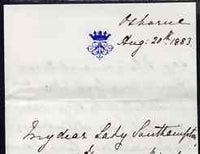 Great Britain 1883 Handwritten letter from PRINCESS BEATRICE on monogrammed note-paper sent from Osborne House with matching envelope (damaged where stamp has been torn away).,The Princess thanks Lady Southampton for a perfume spr……Details Below