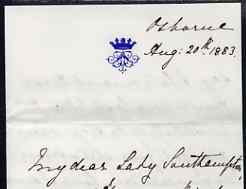 Great Britain 1883 Handwritten letter from PRINCESS BEATRICE on monogrammed note-paper sent from Osborne House with matching envelope (damaged where stamp has been torn away).,The Princess thanks Lady Southampton for a perfume spr……Details Below