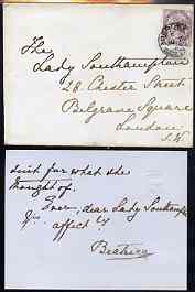 Great Britain 1886 Handwritten note from PRINCESS BEATRICE on monogrammed card sent from Balmoral with matching envelope to Lady Southampton.,The note states that she (the Queen) does not think that the nursery maid was suitable.,……Details Below