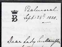 Great Britain 1888 Handwritten letter from PRINCESS BEATRICE on monogrammed mourning note-paper sent from Balmoral with matching envelope (roughly opened).,The Princess thanks Lady Southampton for a pair of slippers she had made f……Details Below